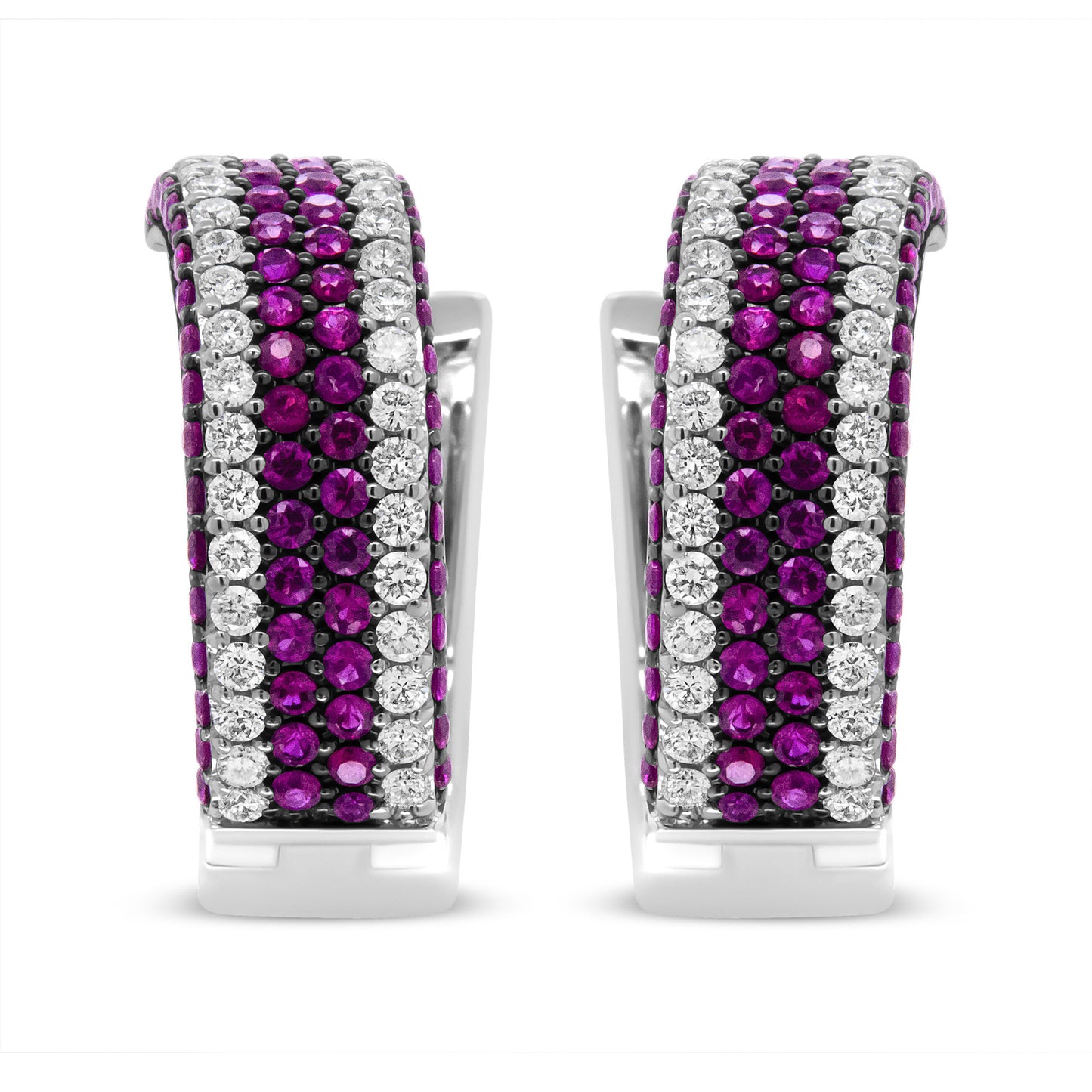 18K White Gold 1 7/8 Cttw Diamond and 1mm Round Red Ruby Open Swish Hoop Earrings (F-G Color, VS1-VS2 Clarity)