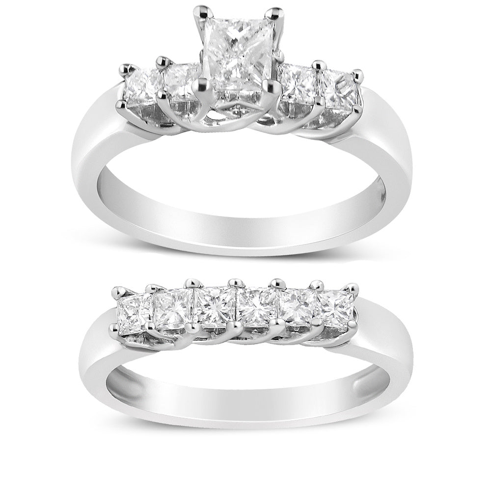 14K White Gold 1 1/2 Cttw 5 Stone Princess Diamond Engagement Wedding Ring Set (H-I Color, SI2-I1 Clarity) - Ring Size 7