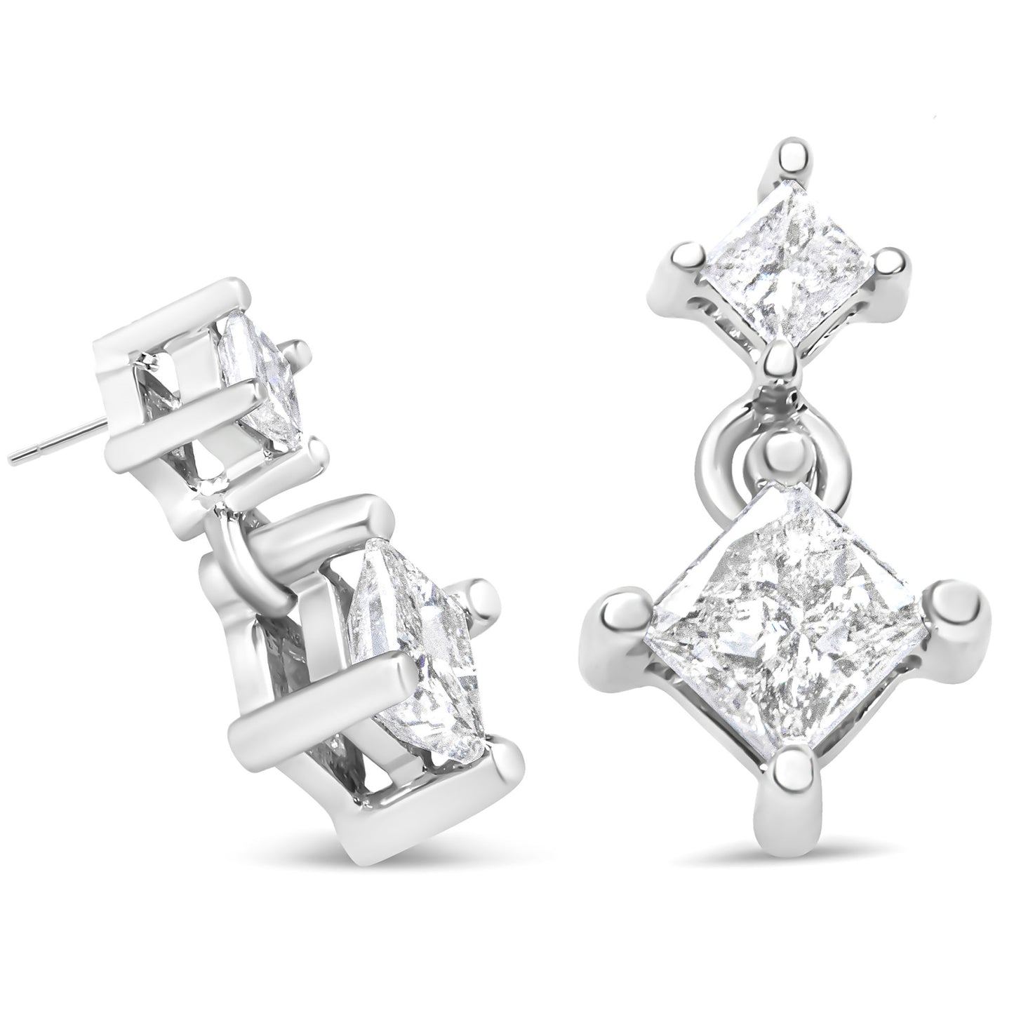 14K White Gold 1.0 Cttw Princess-Cut Double Diamond Drop Stud Earrings for Women (H-I Color, I1-I2 Clarity)