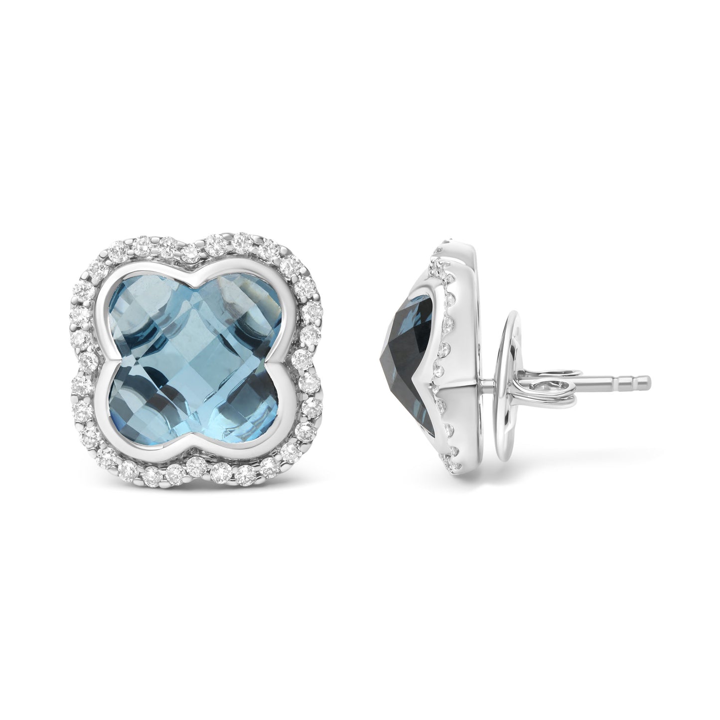 18K White Gold 3/8 Cttw Diamond and 11x11mm Clover-Cut London Blue Topaz Gemstone Halo Clover Stud Earrings (G-H Color, SI1-SI2 Clarity)