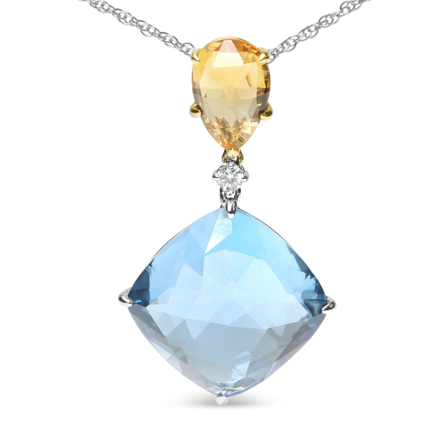 18K White and Yellow Gold Diamond Accent and Yellow Citrine and Sky Blue Topaz Dangle Drop 18" Pendant Necklace (G-H Color, SI1-SI2 Clarity)