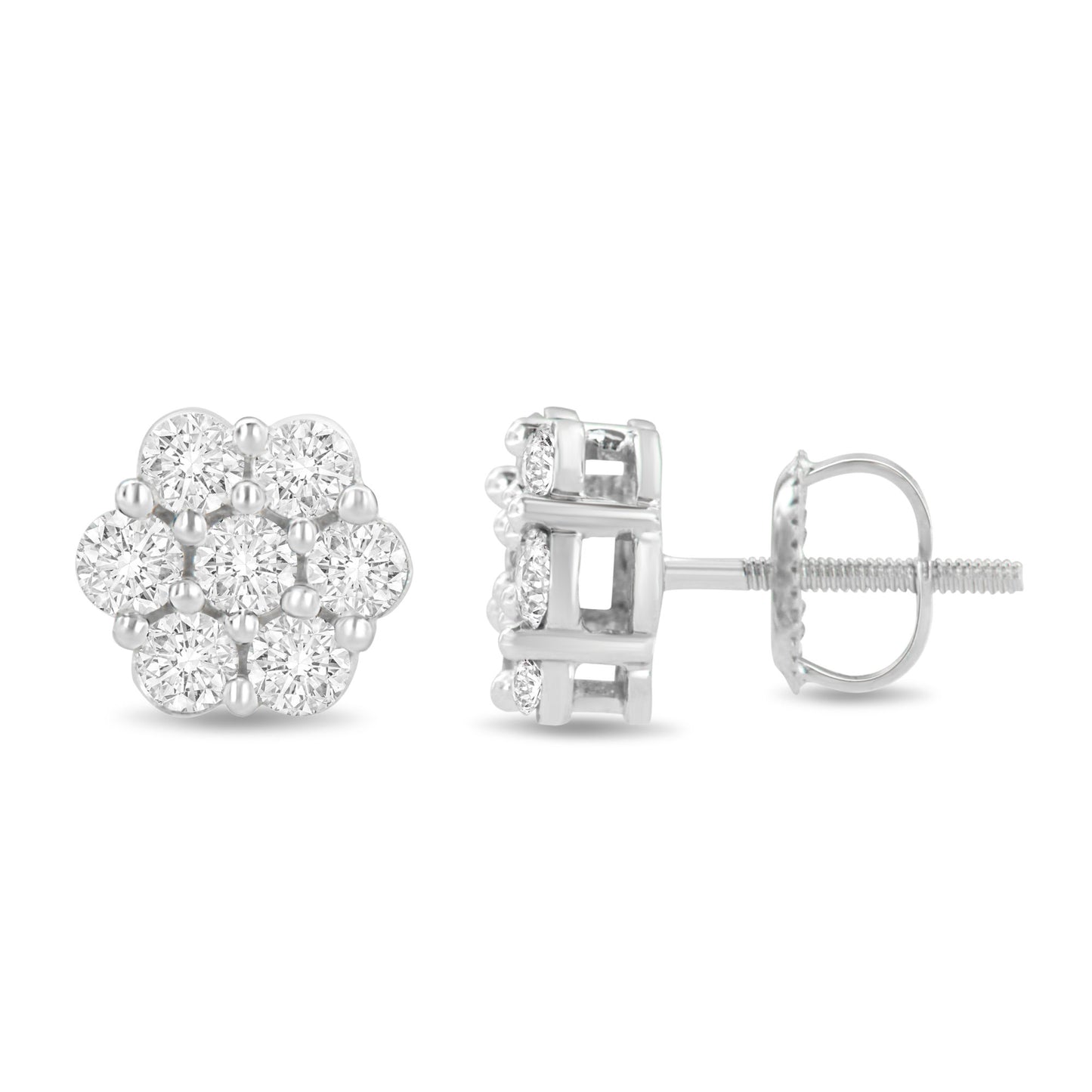 14K White Gold 1.0 Cttw Prong Set Round-Cut Diamond Floral Stud Earrings (H-I Color, I1-I2 Clarity)