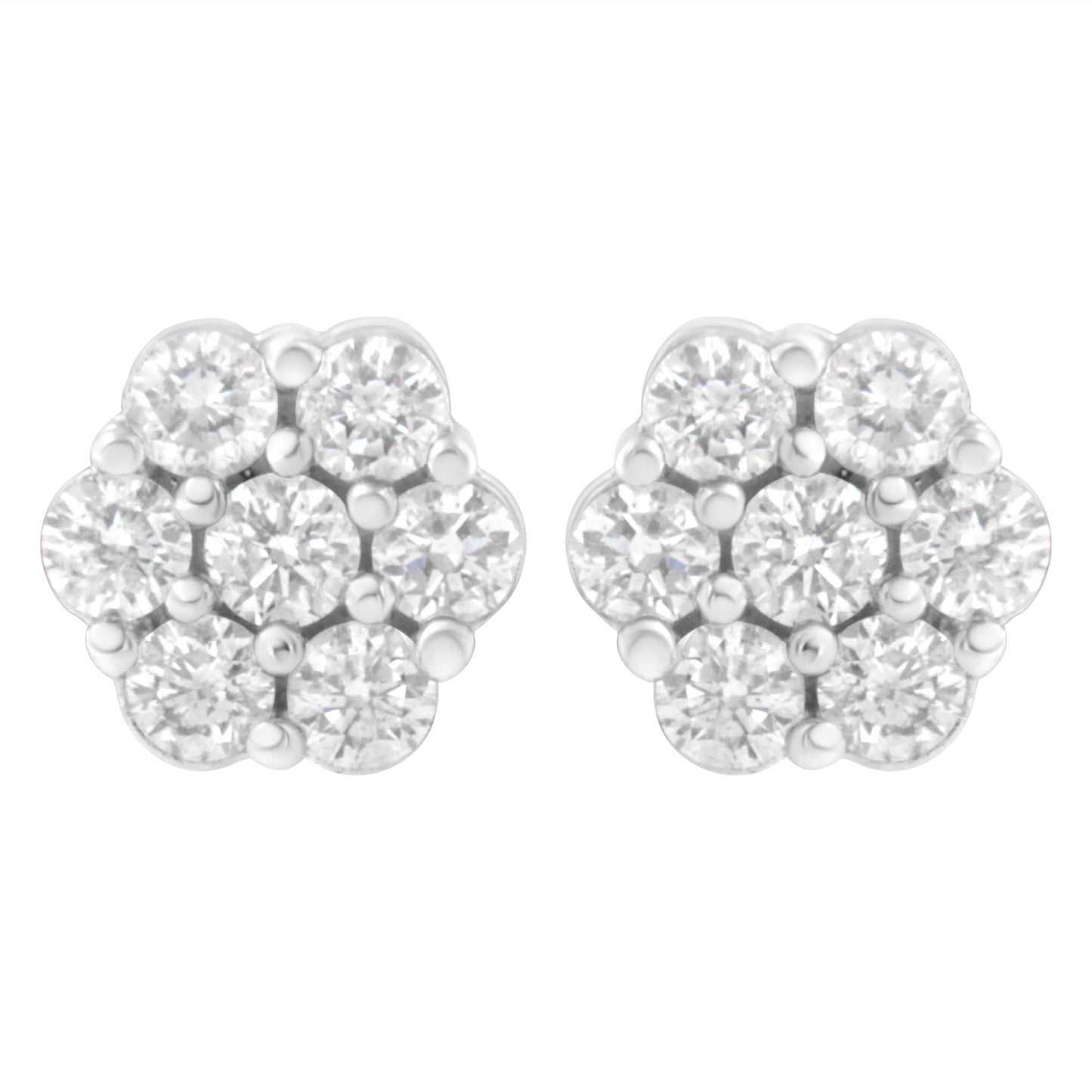 14K White Gold 7 Stone Floral Cluster Round Brilliant Cut Diamond Stud Earrings with Screw Backs(I-J, SI2-I1)