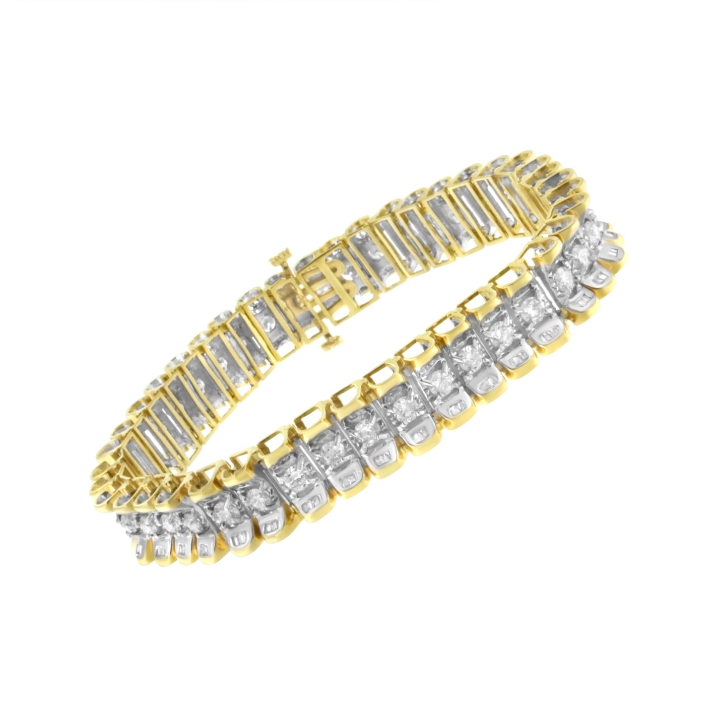 14K Yellow and White Gold 5.0 Cttw Round & Baguette Cut Diamond 7" Reflective Tennis Bracelet (H-I Color, I1-I2 Clarity)