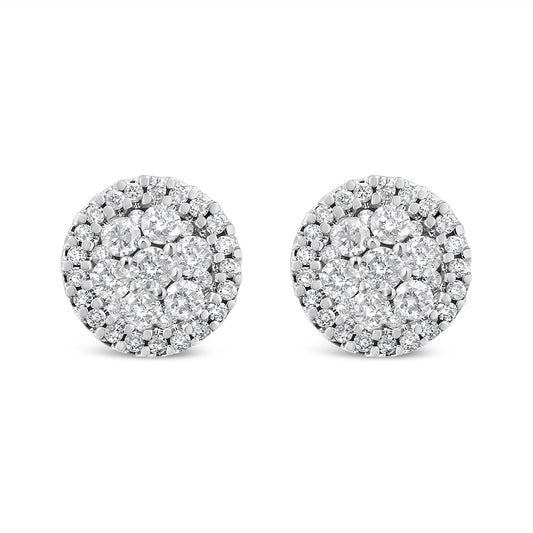 AGS Certified 14K White Gold 1.0 Cttw Brilliant-Cut Diamond Halo-Style Cluster Round Button Stud Earrings (G-H Color, I1-I2 Clarity)