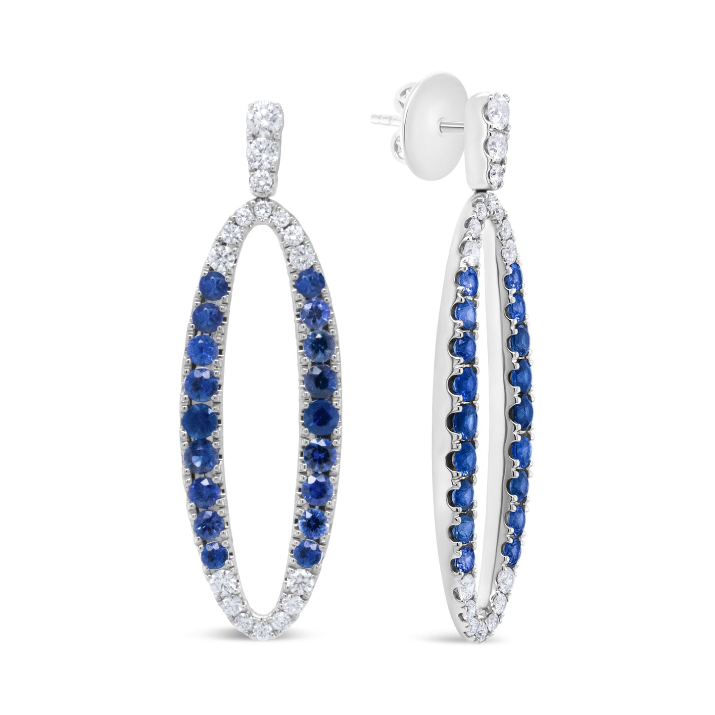 18K White Gold 1.11 Cttw Blue Round Diamond and Blue Sapphire Openwork Oval Shaped Dangle Earrings (F-G Color, VS1-VS2 Clarity)