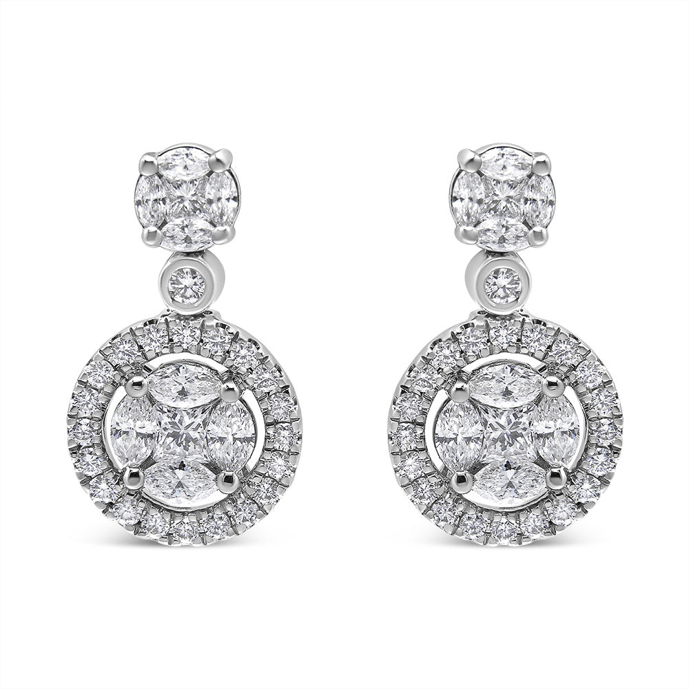 18K White Gold 2.0 Cttw Round Shape Diamond Composite Halo Dangle Stud Earring (F-G Color, VS1-VS2 Clarity)