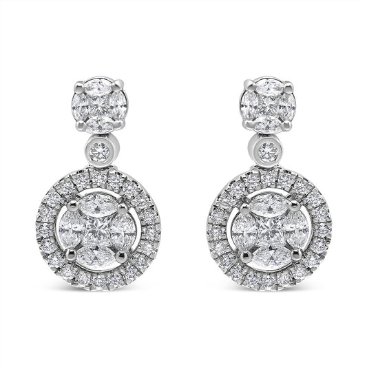 18K White Gold 2.0 Cttw Round Shape Diamond Composite Halo Dangle Stud Earring (F-G Color, VS1-VS2 Clarity)