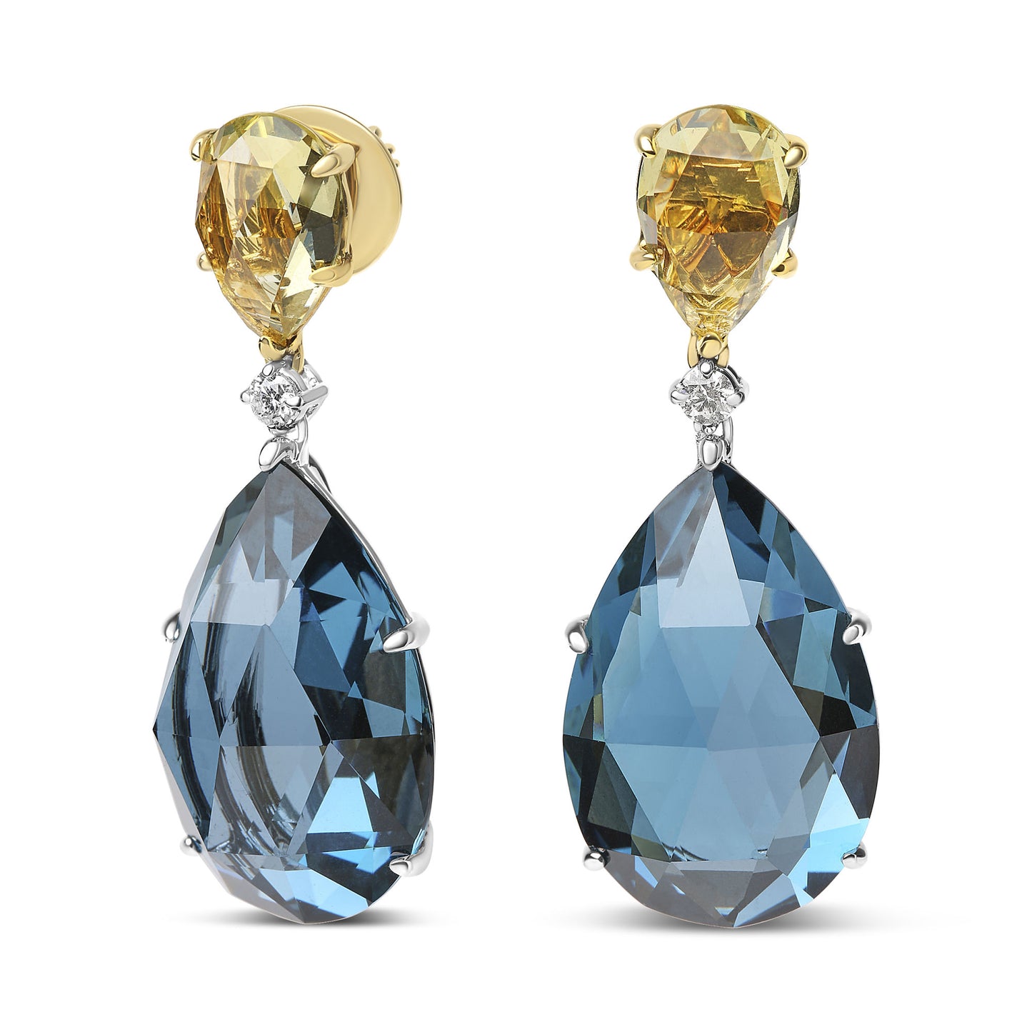 18K White and Yellow Gold 1/5 Cttw Diamond with Pear Cut Lemon Quartz and Pear Cut London Blue Topaz Gemstone Dangle Earring (G-H Color, SI1-SI2 Clarity)