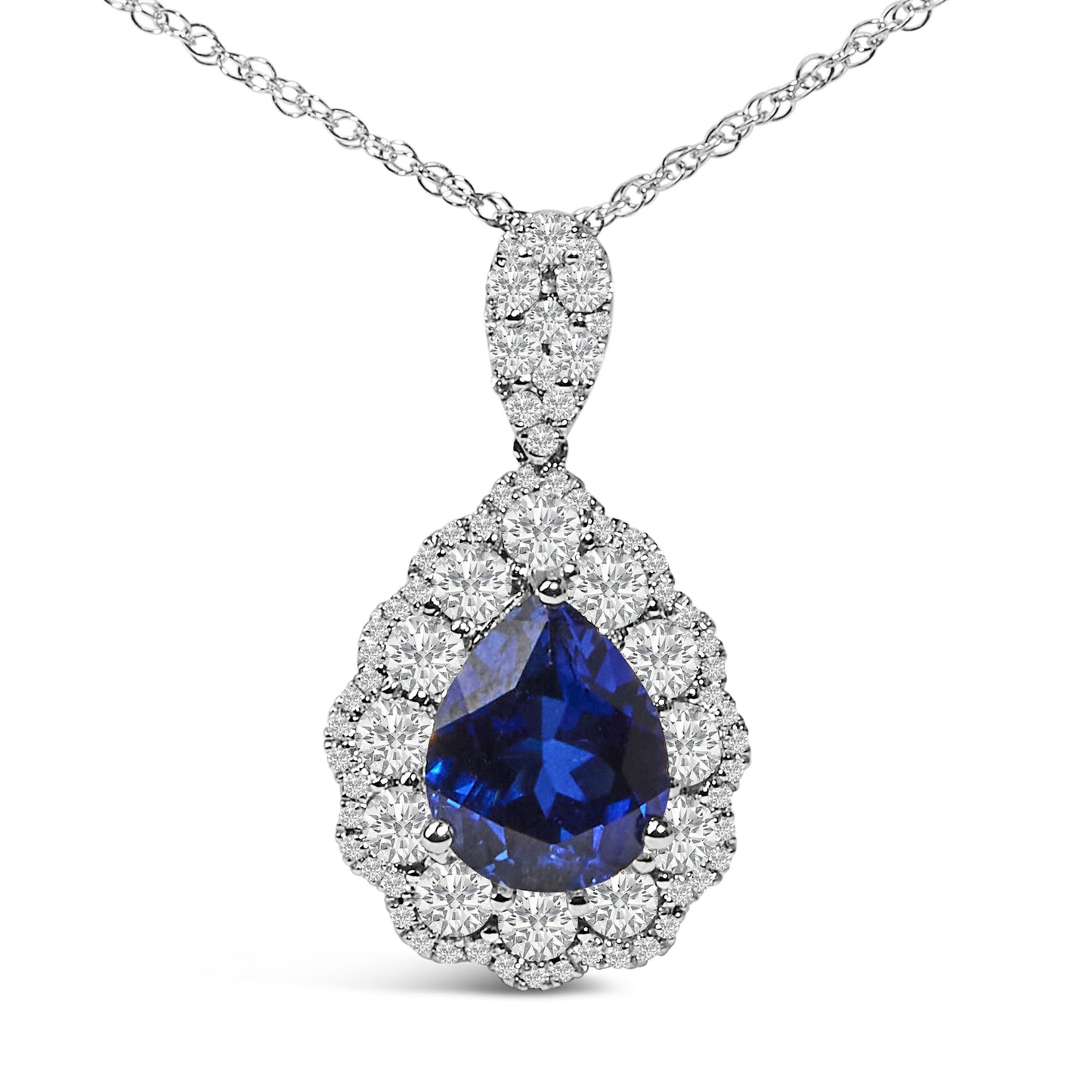 18K White Gold Recrystallized 9x7 MM Pear Shaped Blue Sapphire and 2 4/5 Cttw Diamond Halo and Bail 18" Inch Pendant Necklace (G-H Color, SI1-SI2 Clarity)