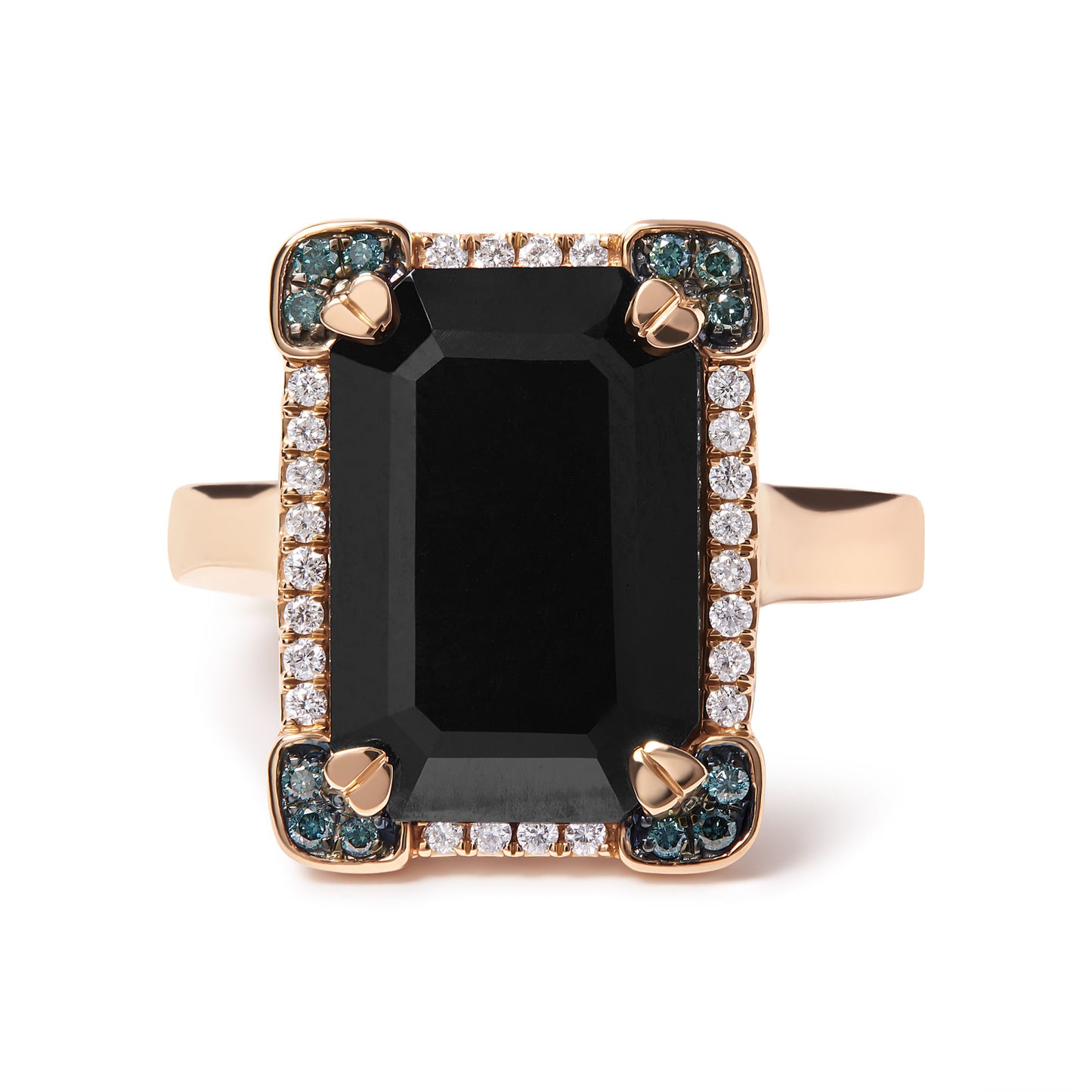 14K Rose Gold 15x10 MM Emerald-Cut Black Onyx and 1/5 Cttw Blue and White Diamond Halo Cocktail Ring (G-H Color, SI1-SI2 Clarity)- Size 7