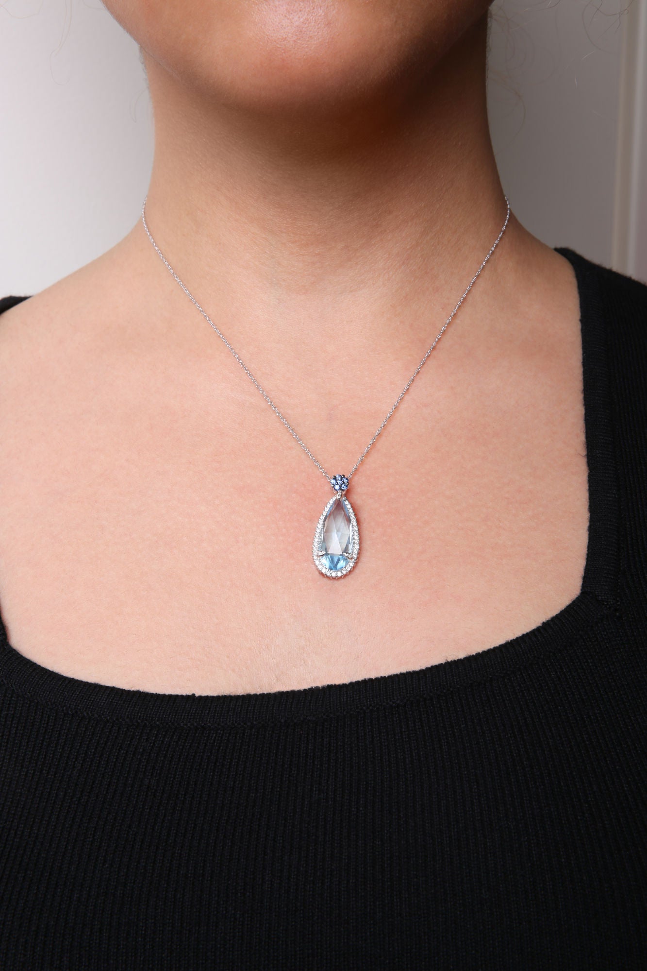 18K White Gold 3/8 Cttw Pave Set Diamond and Sky Blue Topaz and Blue Sapphire Gemstone Floral Teardrop Halo 18" Pendant Necklace (G-H Color, SI2-I1 Clarity)