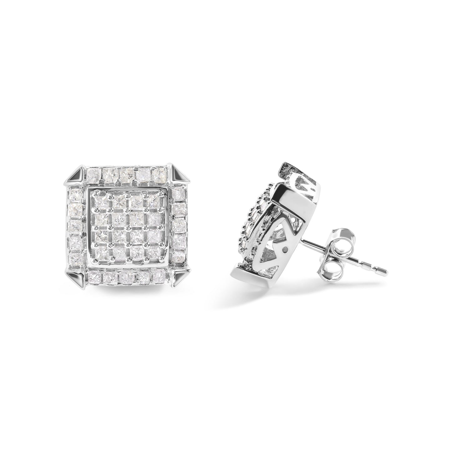 10K White Gold 1 1/10 Cttw Princess Diamond Composite and Halo Stud Earrings (I-J Color, I1-I2 Clarity)