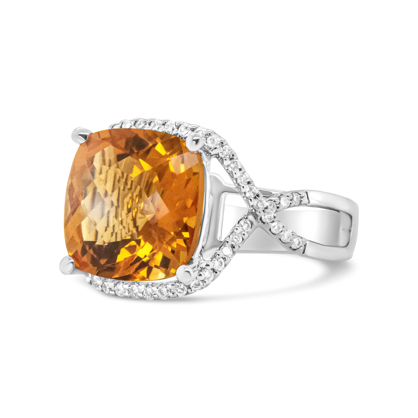 14K White Gold 12mm Cushion Cut Yellow Citrine Gemstone and 1/3 Cttw Round Pave-Set Diamond Ring - (H-I Color, VS1-VS2 Clarity)- Size 6.5