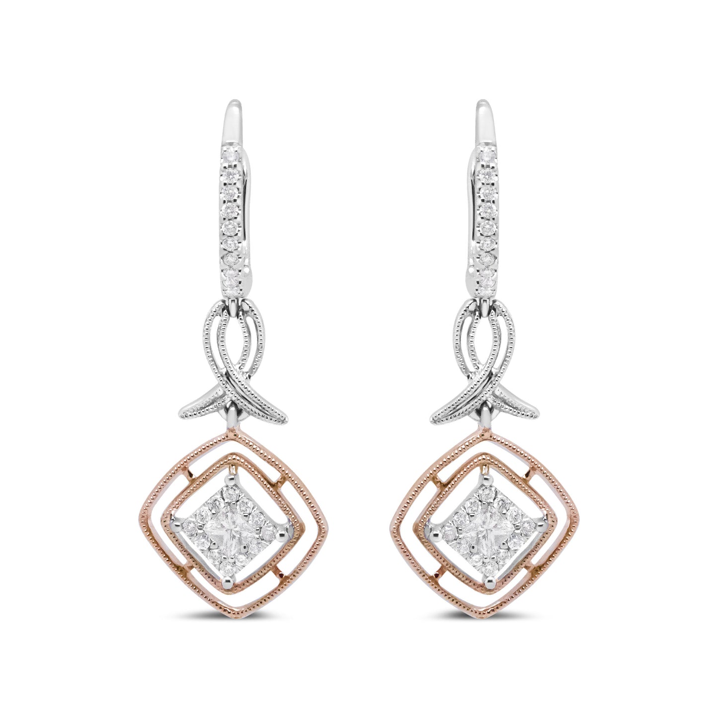 14K White and Rose Gold 1/2 Cttw Round and Princess-Cut Diamond Openwork Marquise Ribbon Dangle Earring (G-H Color, SI2-I1 Clarity)