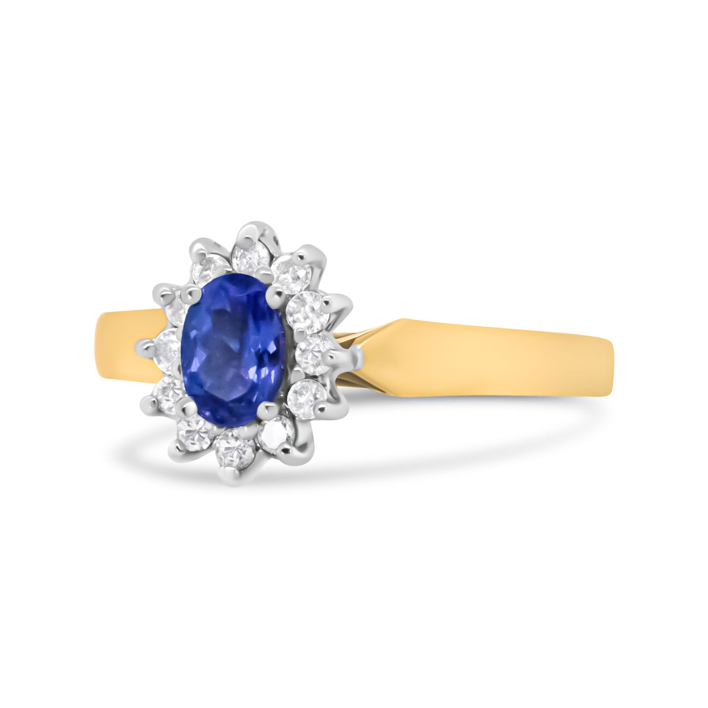 14K Yellow Gold 1/5 Cttw Round Diamond and 6x4mm Oval Blue Tanzanite Halo Ring (H-I Color, I1-I2 Clarity) - Size 7.75