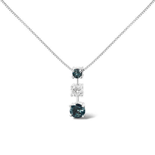 14K White Gold 1 1/2 Cttw Treated Blue and White Diamond 3-Stone 18" Pendant Necklace (Blue/H-I Color, I1-I2 Clarity)