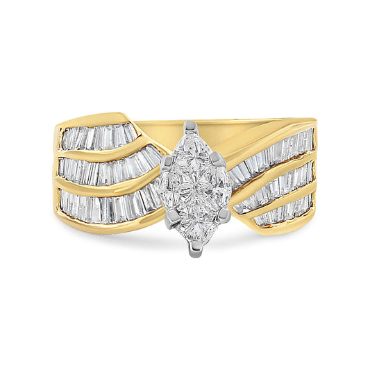 14K White and Yellow Gold 1 1/4 Cttw Pie and Baguette-Cut Diamond Marquise Shape Engagement Bypass Ring (H-I Color, VS1-VS2 Clarity) - Size 7