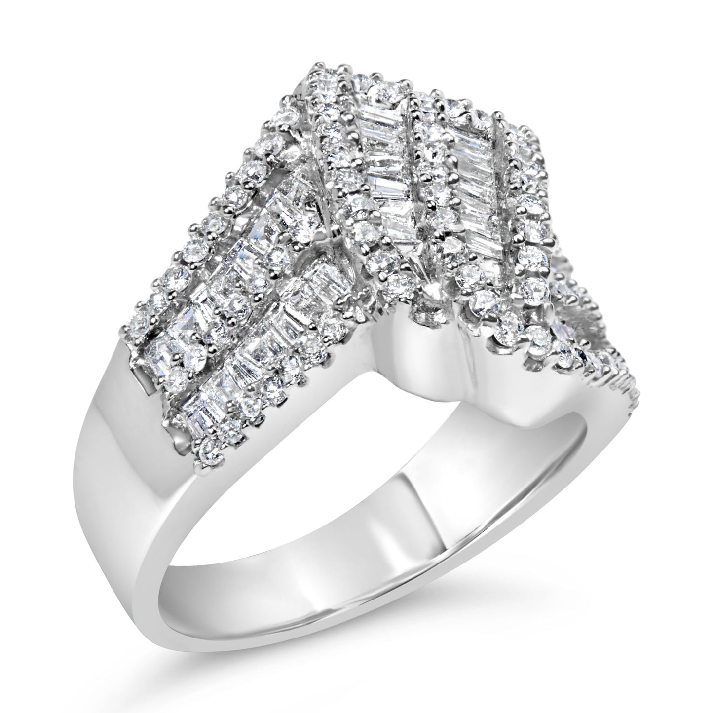 14K White Gold 1-1/2 Cttw Round and Baguette Diamond Bypass Cocktail Ring Band (H-I Color, SI1-SI2 Clarity)