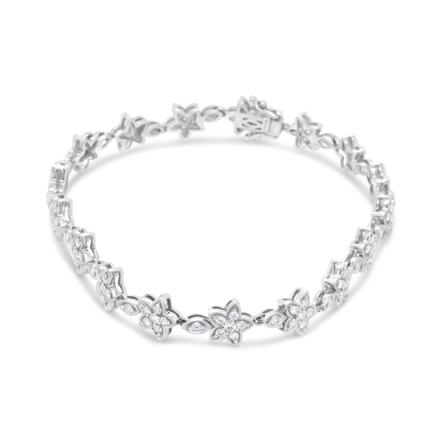 14K Gold 1 1/5 Cttw Round Diamond Floral Star-Shaped Link Bracelet (H-I Color, SI1-SI2 Clarity) -Size 7"