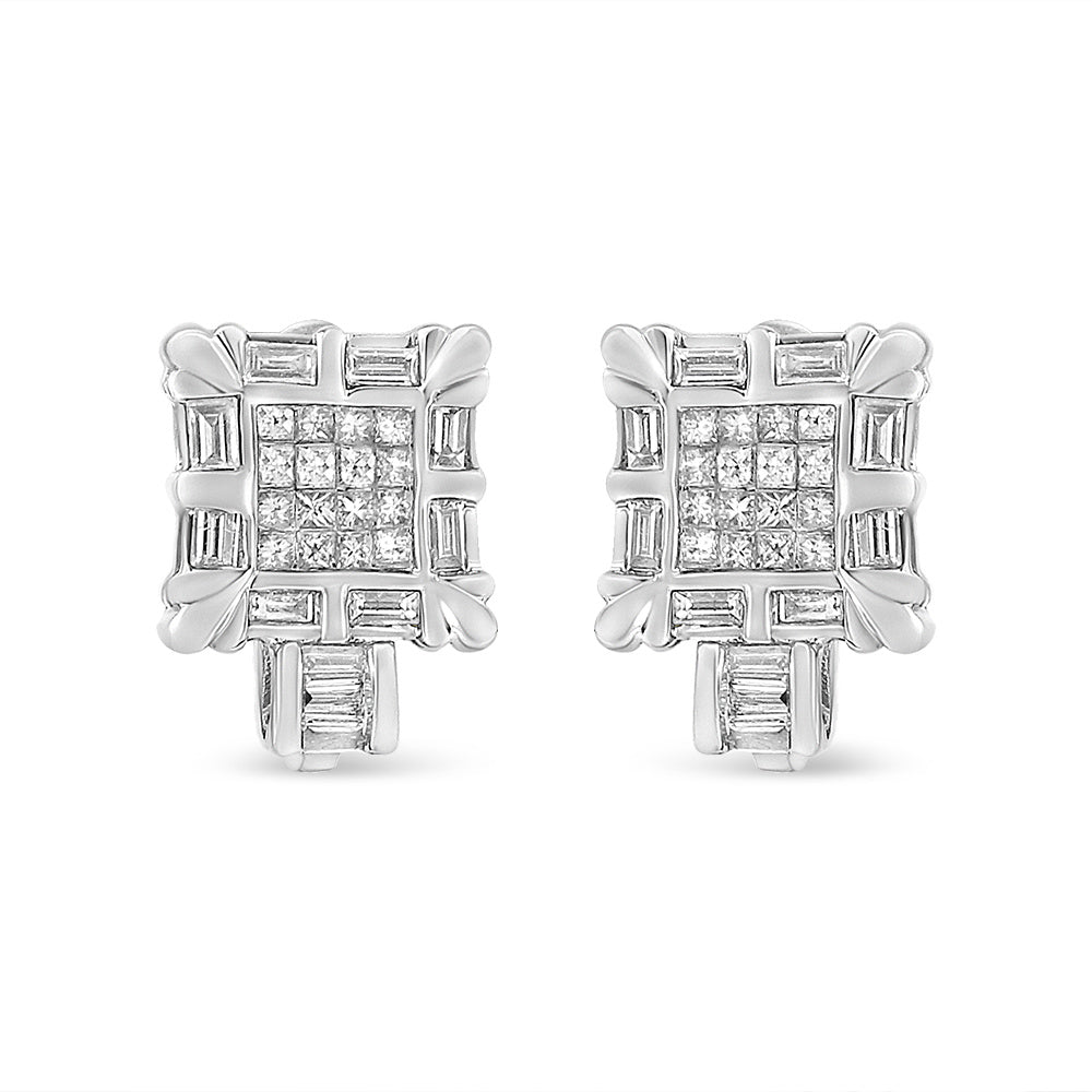 14K White Gold 1.0 Cttw Princess and Baguette-Cut Diamond Square Framed Huggie Hoop Omega Earrings (H-I Color, SI1-SI2 Clarity)