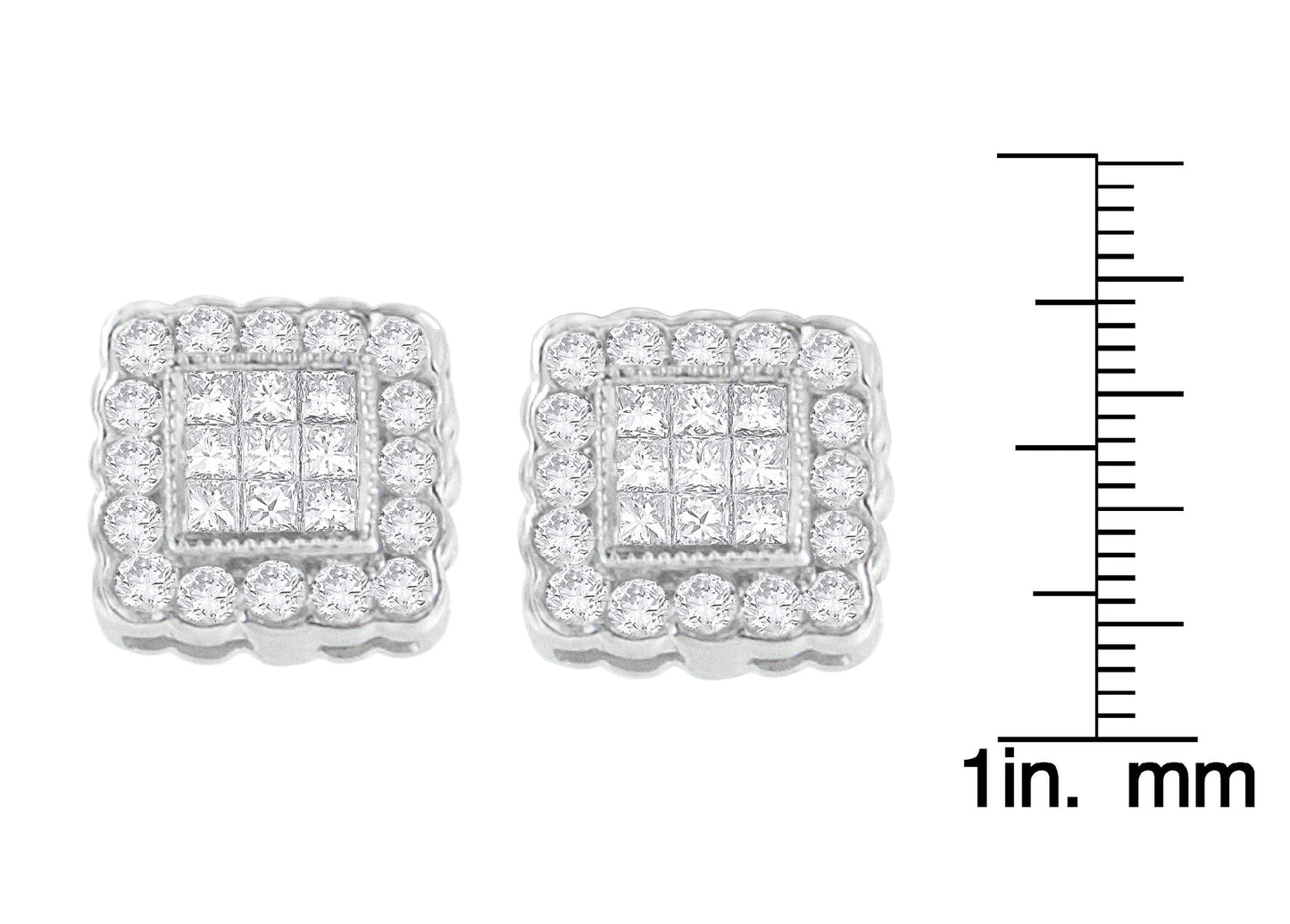 14K White Gold 1.0 Cttw Round Brilliant & Princess Cut Diamond Scallop-Edge Framed Square Halo Stud Earrings (G-H Color, SI1-SI2 Clarity)