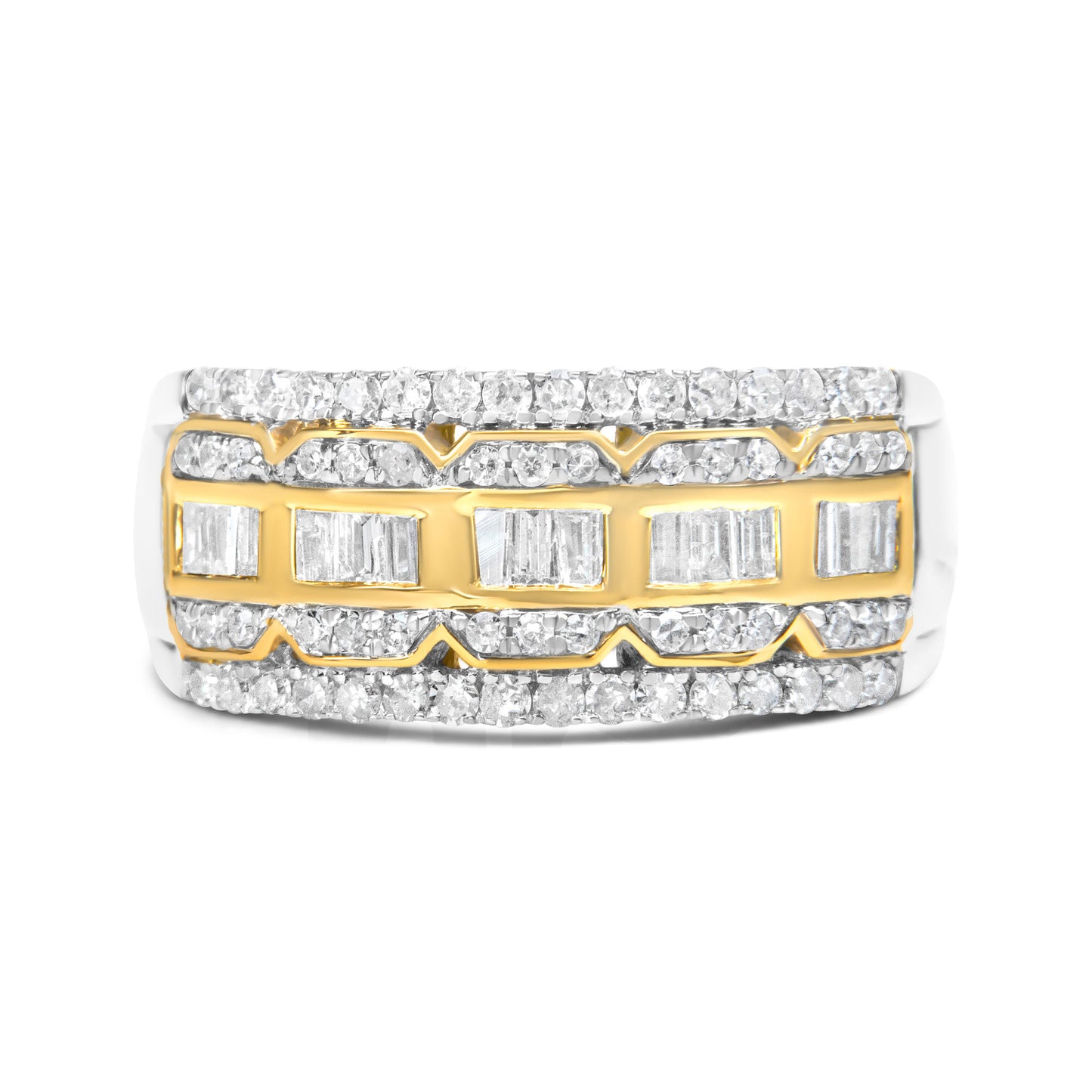 10K White and Yellow Gold 1.00 Cttw Baguette and Round cut Diamond Art Deco Multi-Row Ring Band (I-J Color, I1-I2 Clarity)