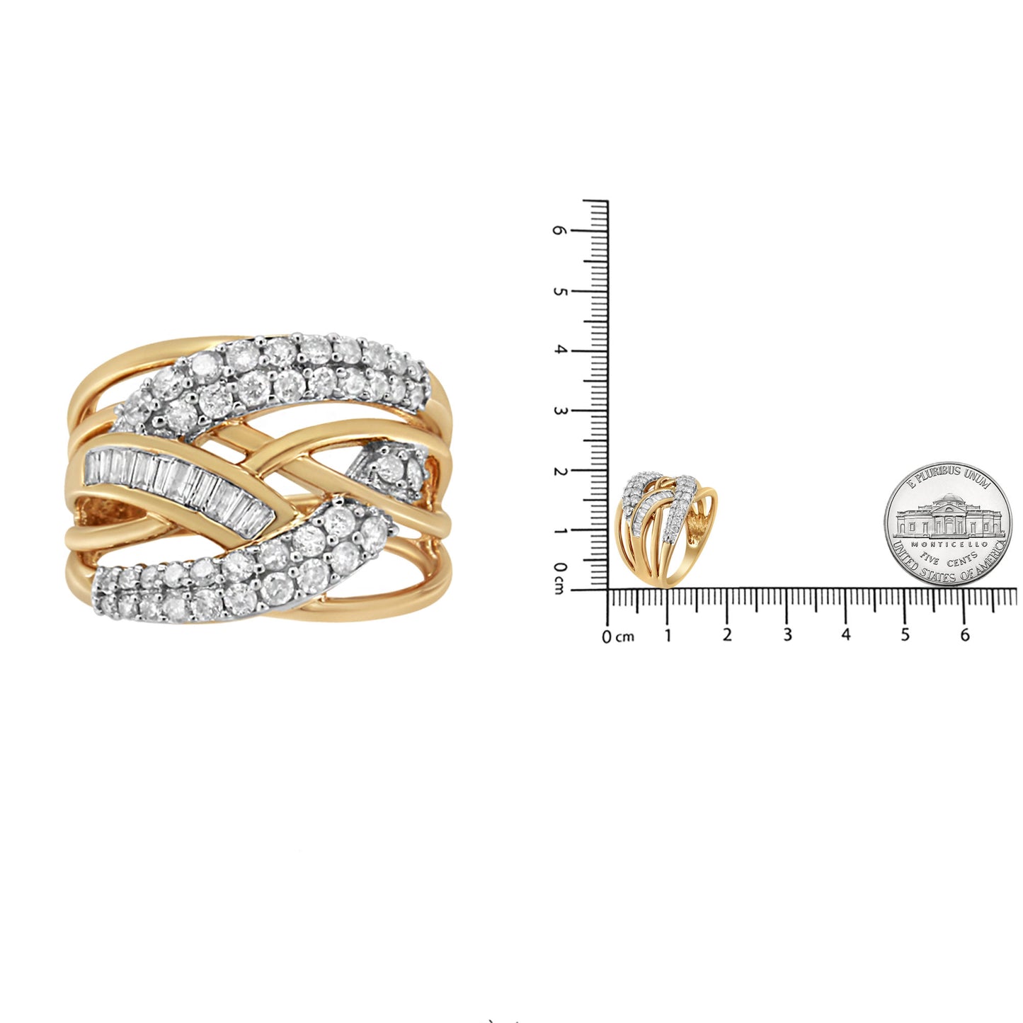 10K Yellow and White Gold 1.0 Cttw Round and Baguette-Cut Diamond Multirow Interwoven Cocktail Ring (I-J Color, I2-I3 Quality)