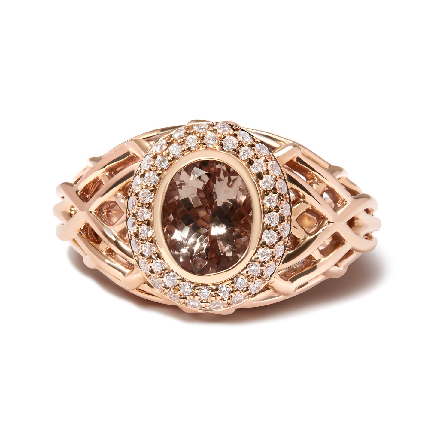 14K Rose Gold Oval Cut Light Pink Morganite and 3/8 Cttw Diamonds Halo and Basket Weave Cocktail Ring (G-H Color, SI1-SI2 Clarity) - Size 7