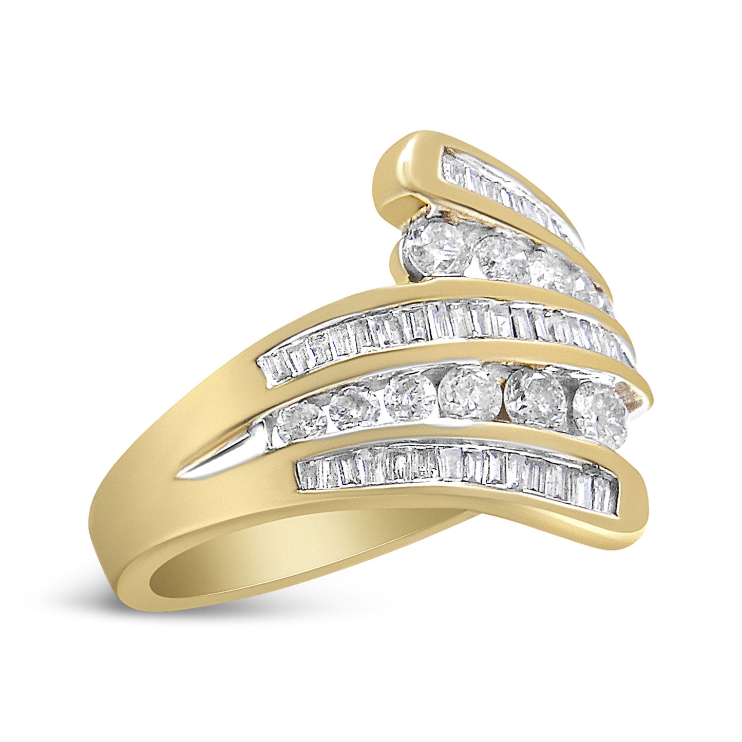 10K Yellow Gold 1 Cttw Round and Baguette-Cut Diamond Multi Row Bypass Ring Band (H-I Color, I1-I2 Clarity) - Ring Size 7