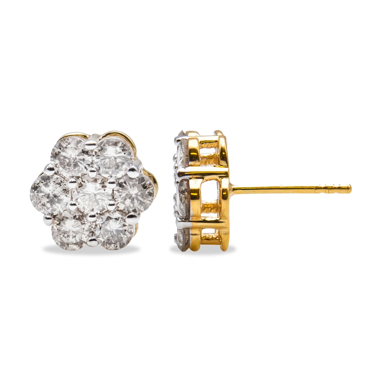 14K Yellow Gold 2.0 Cttw Diamond Floral Cluster Stud Earring with Screw Back (H-I Color, SI1-SI2 Clarity)