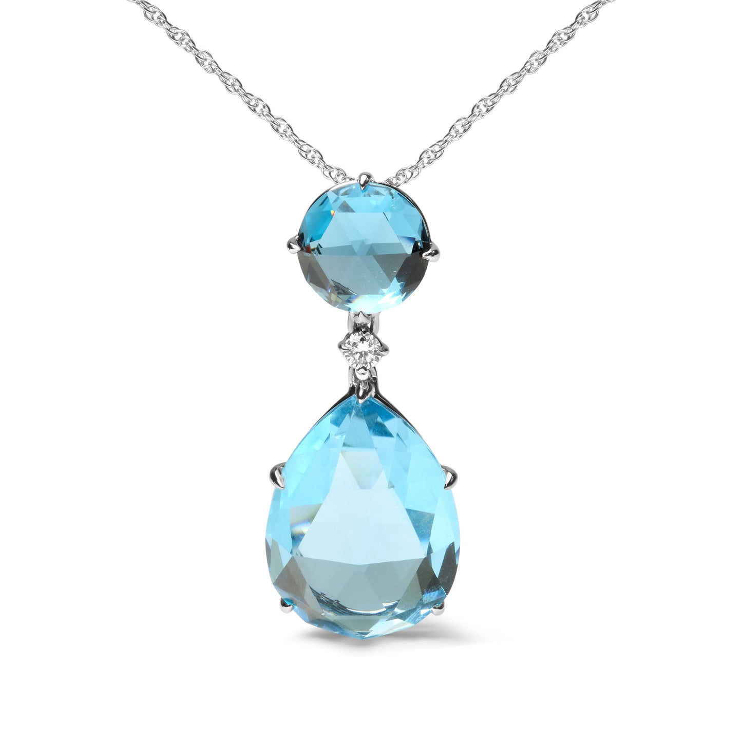 18K White Gold Diamond Accent and Round London Blue Topaz and Pear Cut Sky Blue Topaz Dangle Drop 18" Pendant Necklace (G-H Color, SI1-SI2 Clarity)