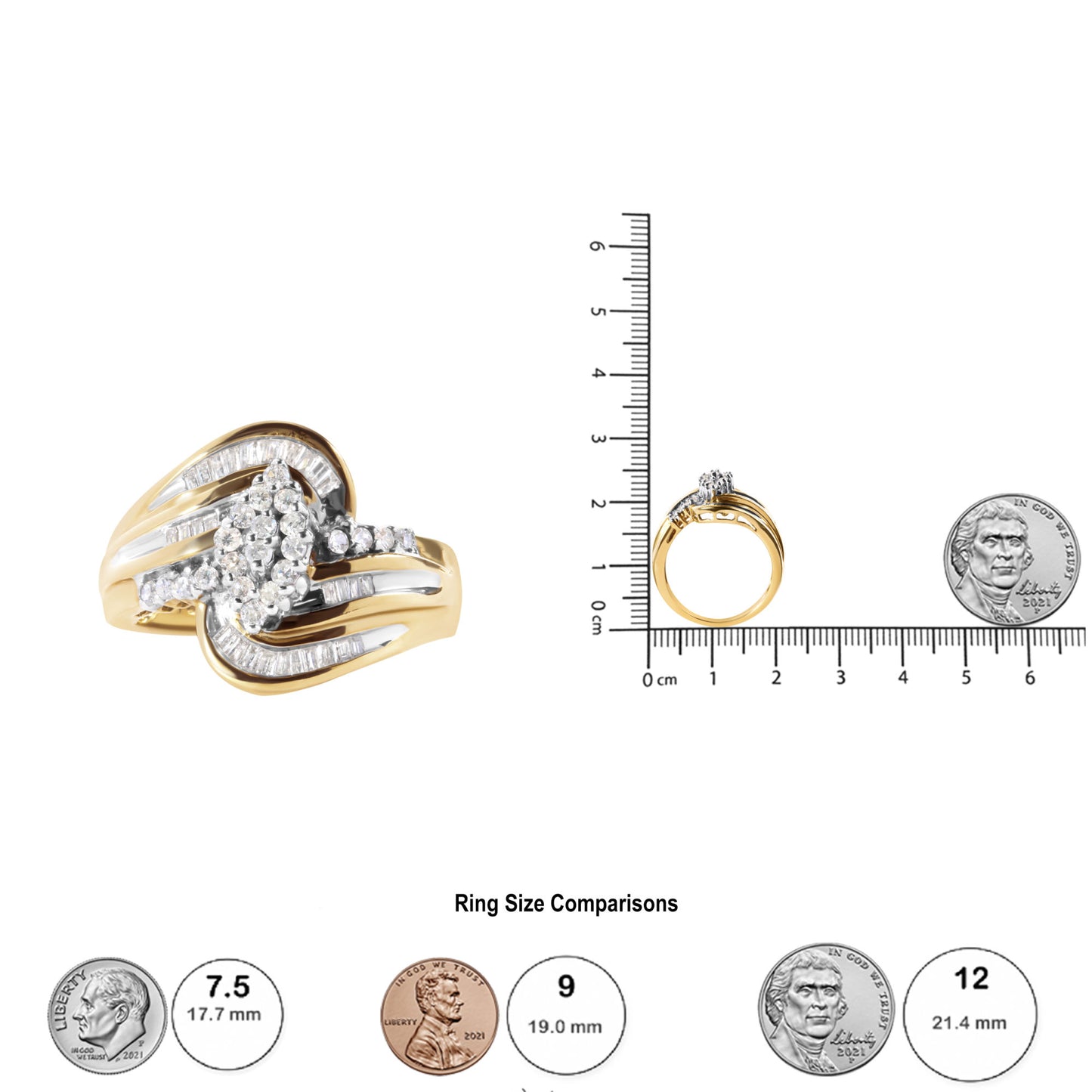 10K Yellow Gold 1/2 Cttw Diamond Pear Cluster and Swirl Ring (H-I Color, I1-I2 Clarity) - Ring Size 7