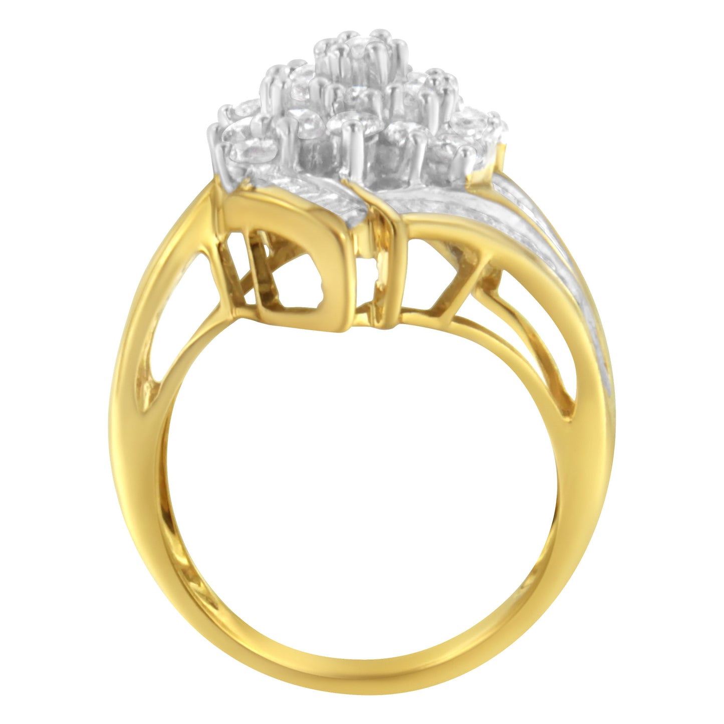 10K Yellow Gold Round and Baguette Diamond Swirl Ring (2.0 Cttw, J-K Color, I2 Clarity)