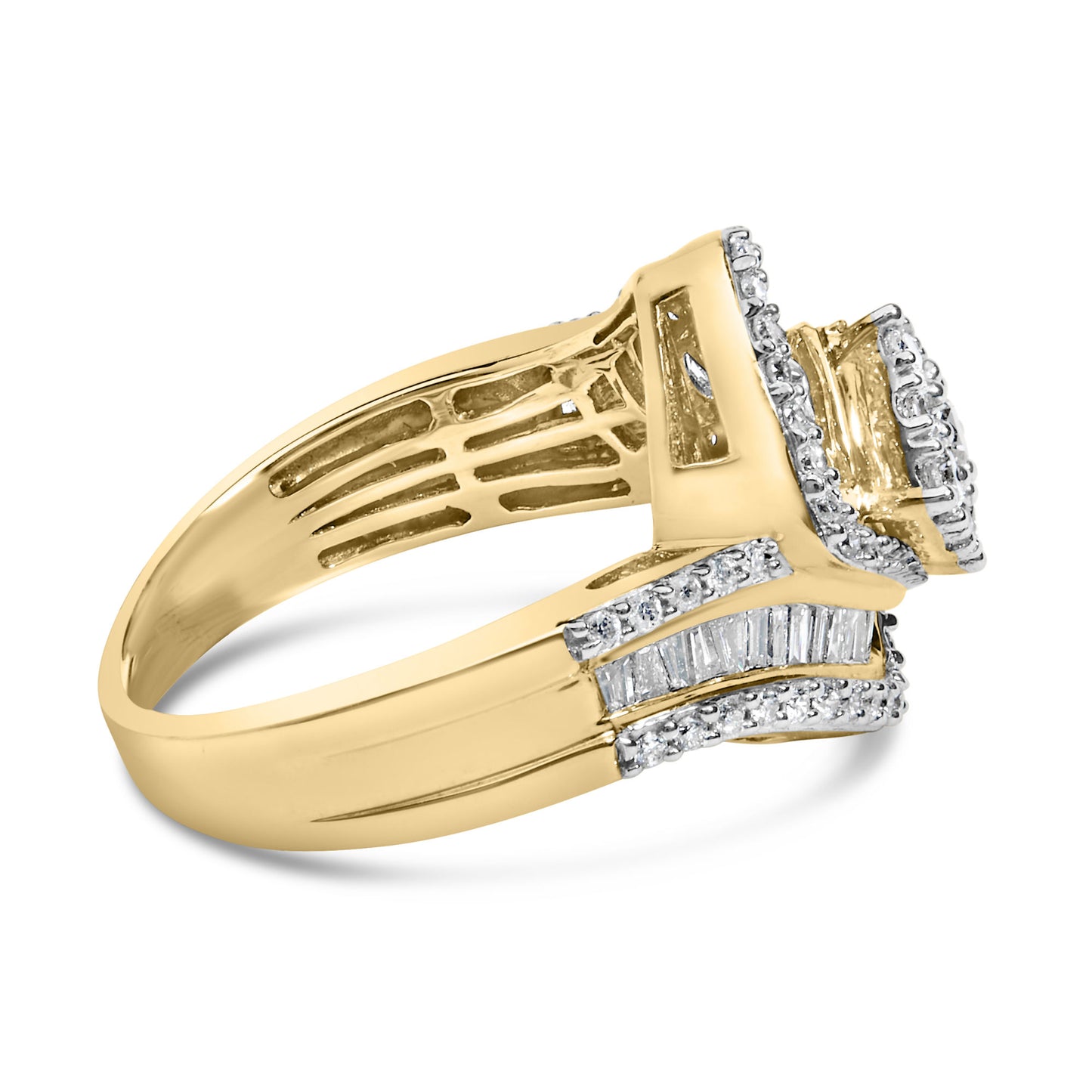 14K Yellow Gold 1.0 Cttw Baguette & Brilliant-Cut Diamond Round Floral Cluster Engagement or Fashion Ring with Swirl Wrapped Triple Row Band (H-I Color, SI2-I1 Clarity)