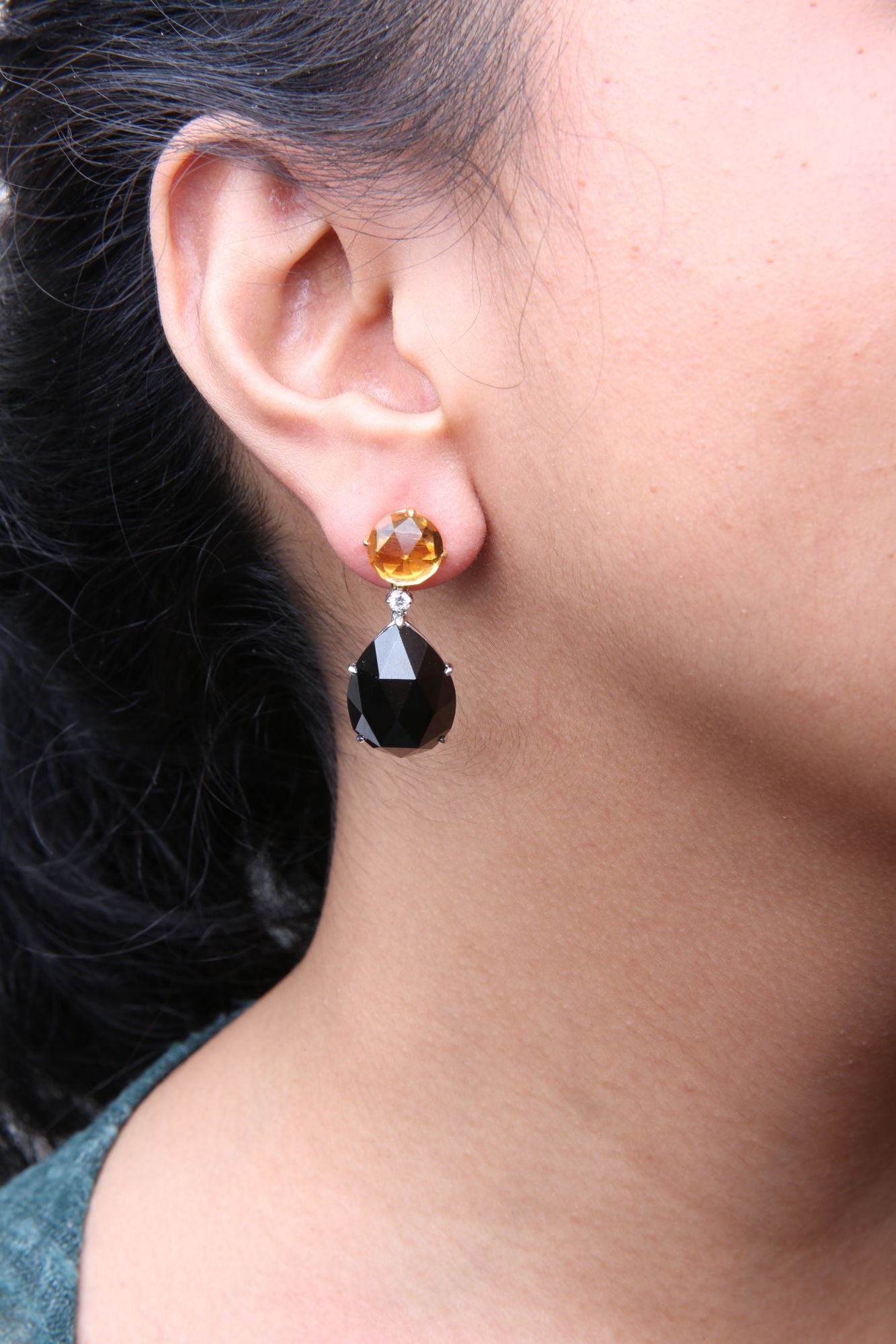 18K White and Yellow Gold 1/5 Cttw Diamond with Round Yellow Citrine and 20x15mm Pear Cut Black Onyx Gemstone Dangle Earring (G-H Color, SI1-SI2 Clarity)