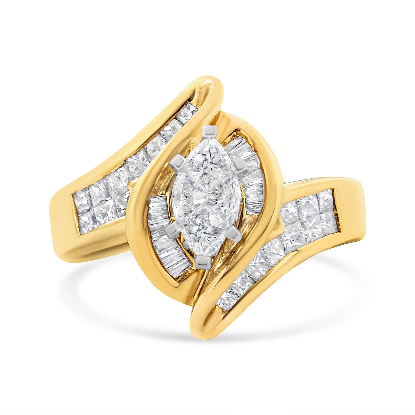 14K Yellow Gold Princess, Baguette, and Pie cut Diamond Marquise Shaped Ring (1 1/4 Cttw, G-H Color, SI1-SI2 Clarity)