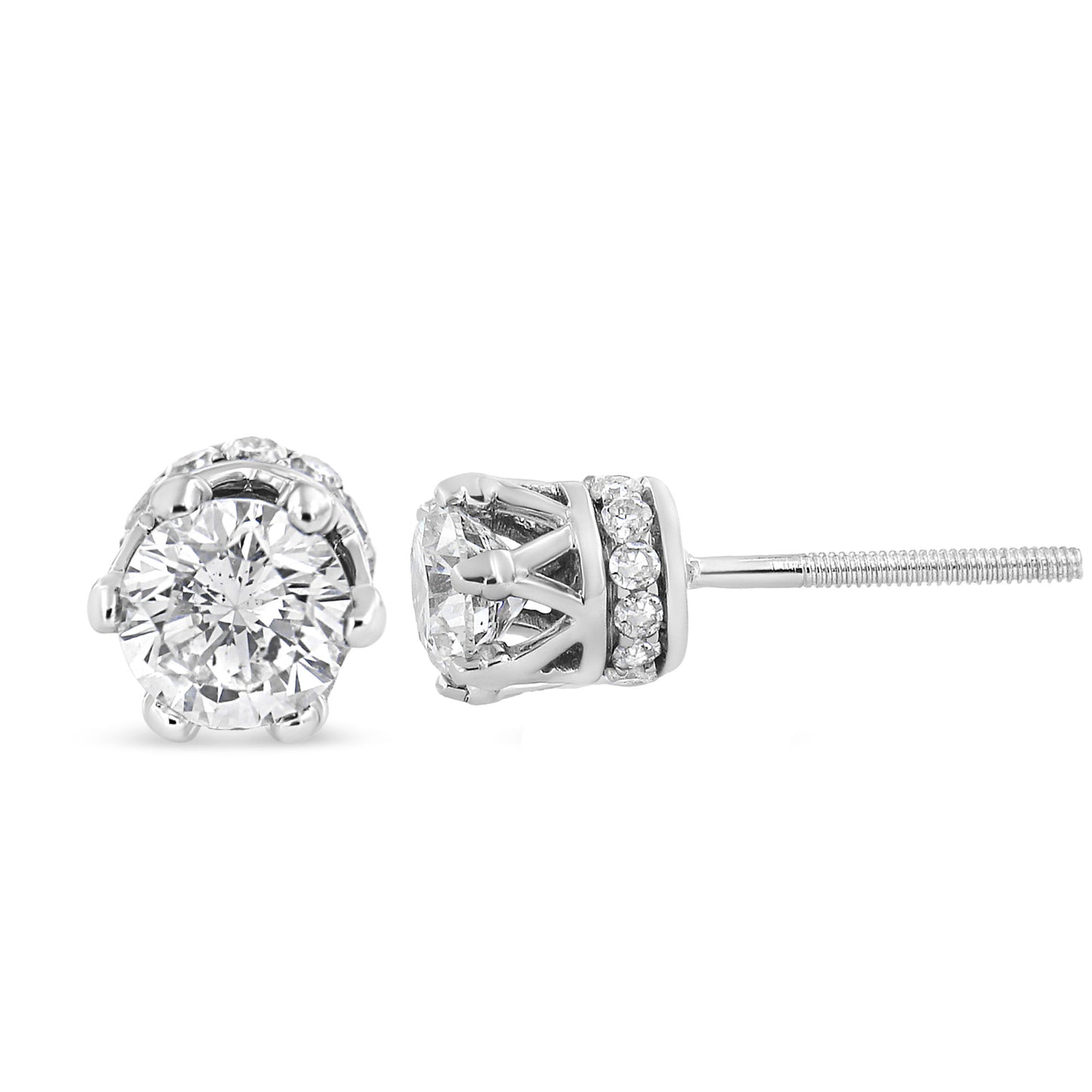 14K White Gold 2.0 Cttw Round Cut Prong-Set Diamond Crown Stud Earring (I-J Color, I1-I2 Clarity)