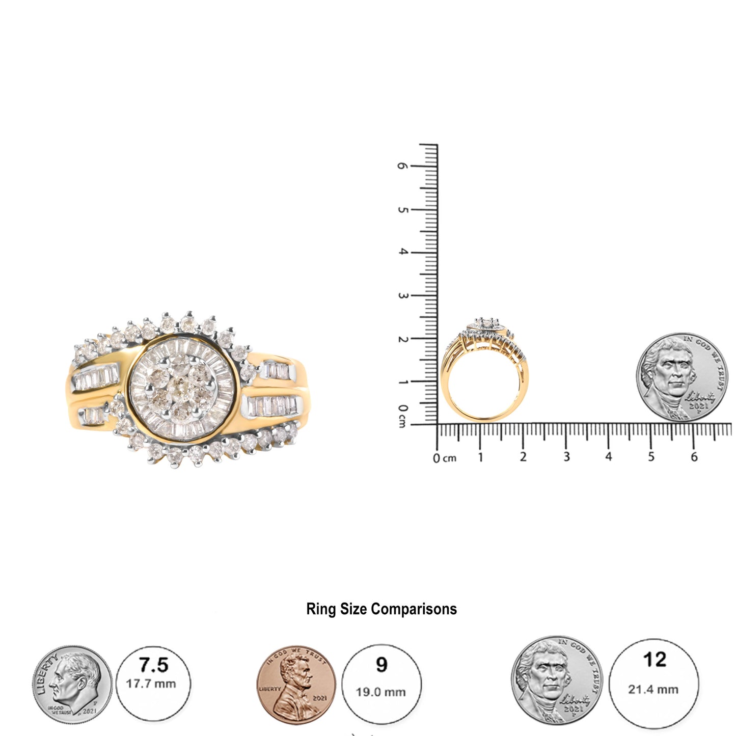 10K Yellow Gold 1 Cttw Round and Baguette cut Diamond Cluster Swirl Band Ring (H-I Color, I1-I2 Clarity) - Ring Size 7