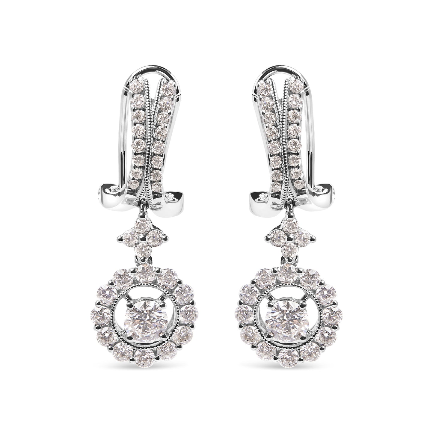 14K White Gold 1 7/8 Cttw Diamond Drop and Dangle Halo Earring with Omega Back (F-G Color, VS2-SI1)