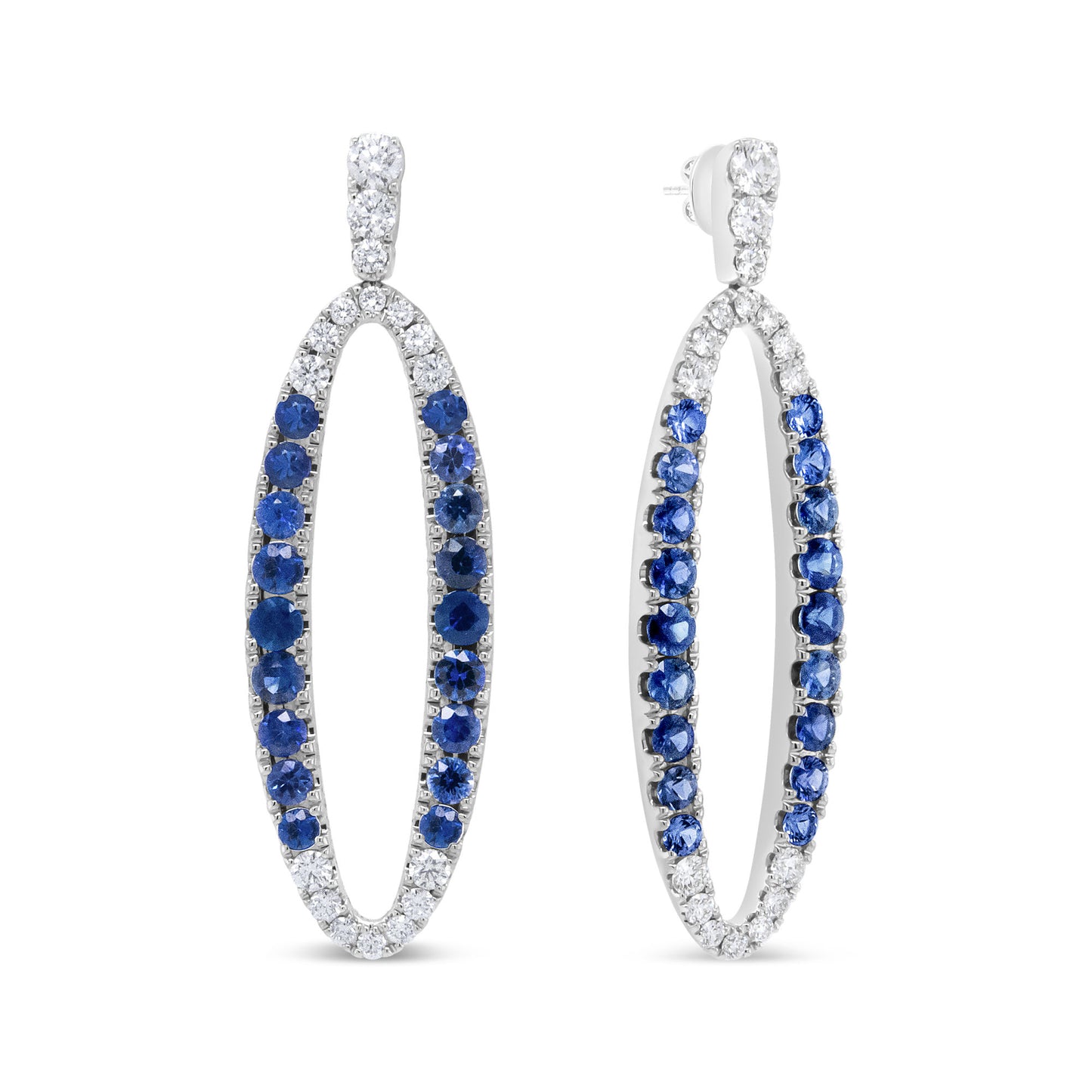 18K White Gold 1.11 Cttw Blue Round Diamond and Blue Sapphire Openwork Oval Shaped Dangle Earrings (F-G Color, VS1-VS2 Clarity)