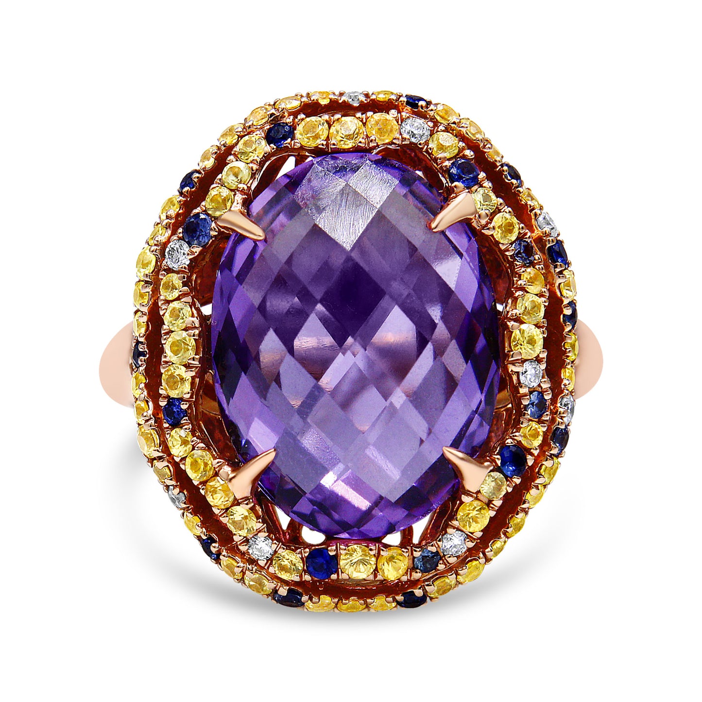 18K Yellow and Rose Gold Claw Prong Set Checkerboard Cut Purple Amethyst, Blue & Yellow Sapphire, Diamond Accent Cocktail Ring Band (F-G Color, VS1-VS2 Clarity) - Ring Size 7