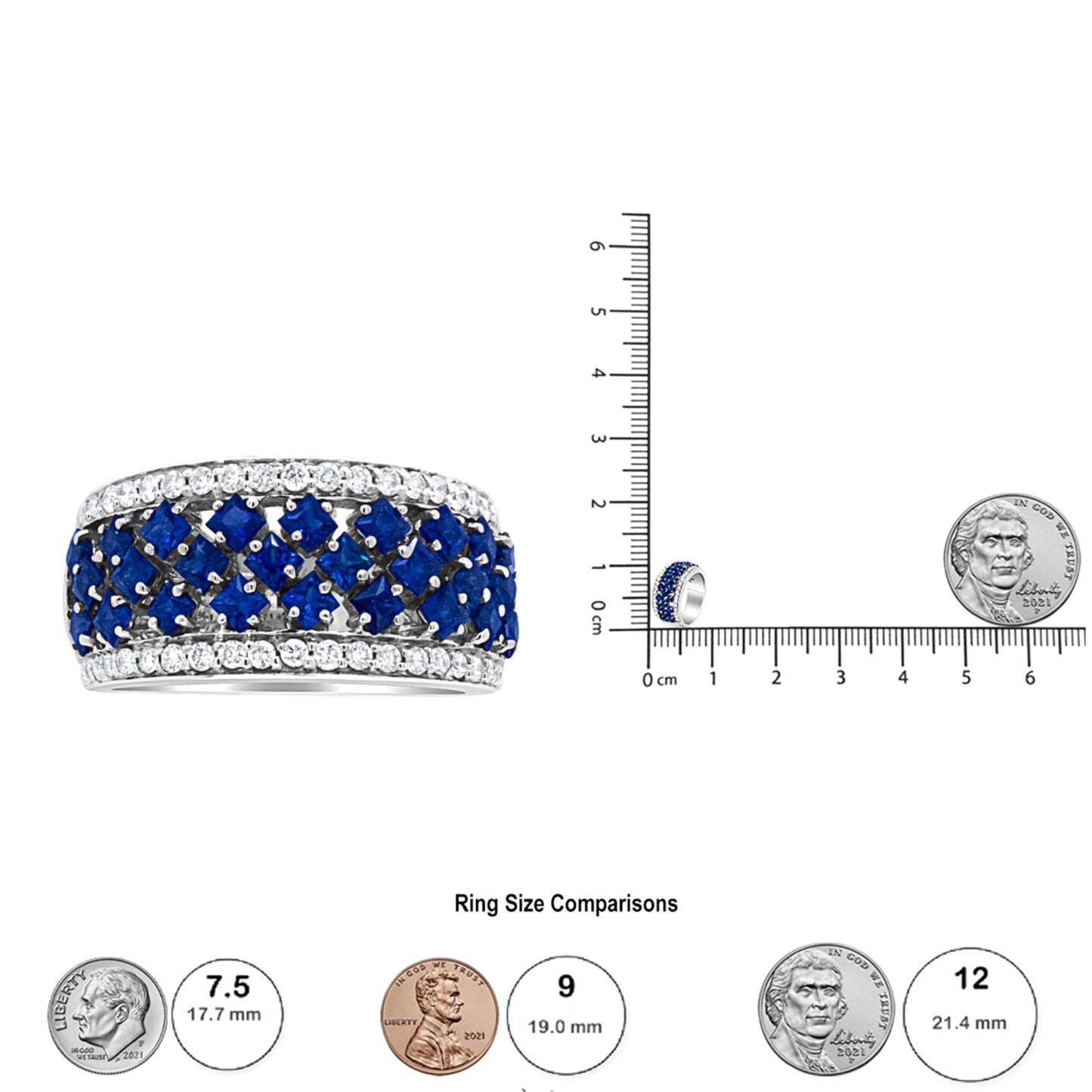 18K White Gold 3/8 Cttw Diamond and 2x2mm Princess Cut Blue Sapphire Fashion Band Ring (F-G Color, VS1-VS2 Clarity) - Size 7