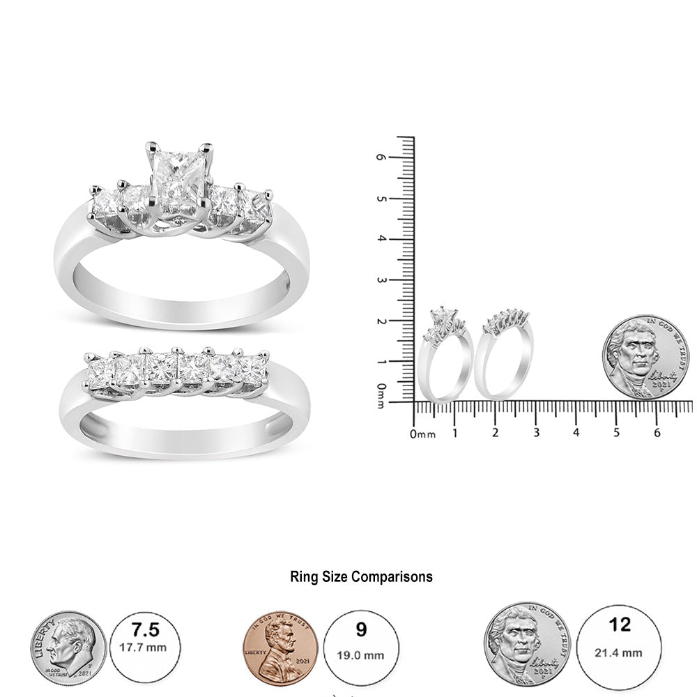 14K White Gold 1 1/2 Cttw 5 Stone Princess Diamond Engagement Wedding Ring Set (H-I Color, SI2-I1 Clarity) - Ring Size 7