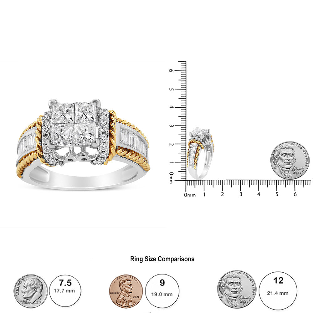 14K White and Yellow Gold 1 1/2 Cttw Invisible Set Princess-Cut Diamond Quad Style Engagement Ring (H-I Color, SI2-I1 Clarity) - Ring Size 7