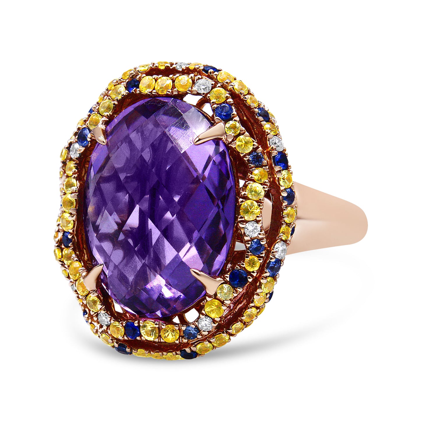 18K Yellow and Rose Gold Claw Prong Set Checkerboard Cut Purple Amethyst, Blue & Yellow Sapphire, Diamond Accent Cocktail Ring Band (F-G Color, VS1-VS2 Clarity) - Ring Size 7