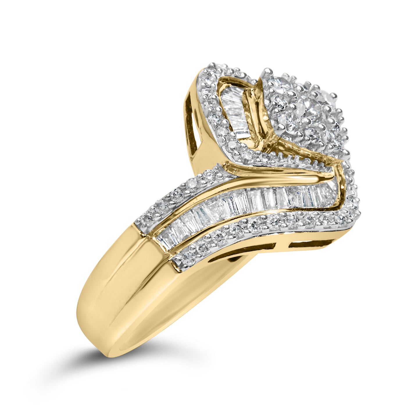 14K Yellow Gold 1.0 Cttw Baguette & Brilliant-Cut Diamond Round Floral Cluster Engagement or Fashion Ring with Swirl Wrapped Triple Row Band (H-I Color, SI2-I1 Clarity)