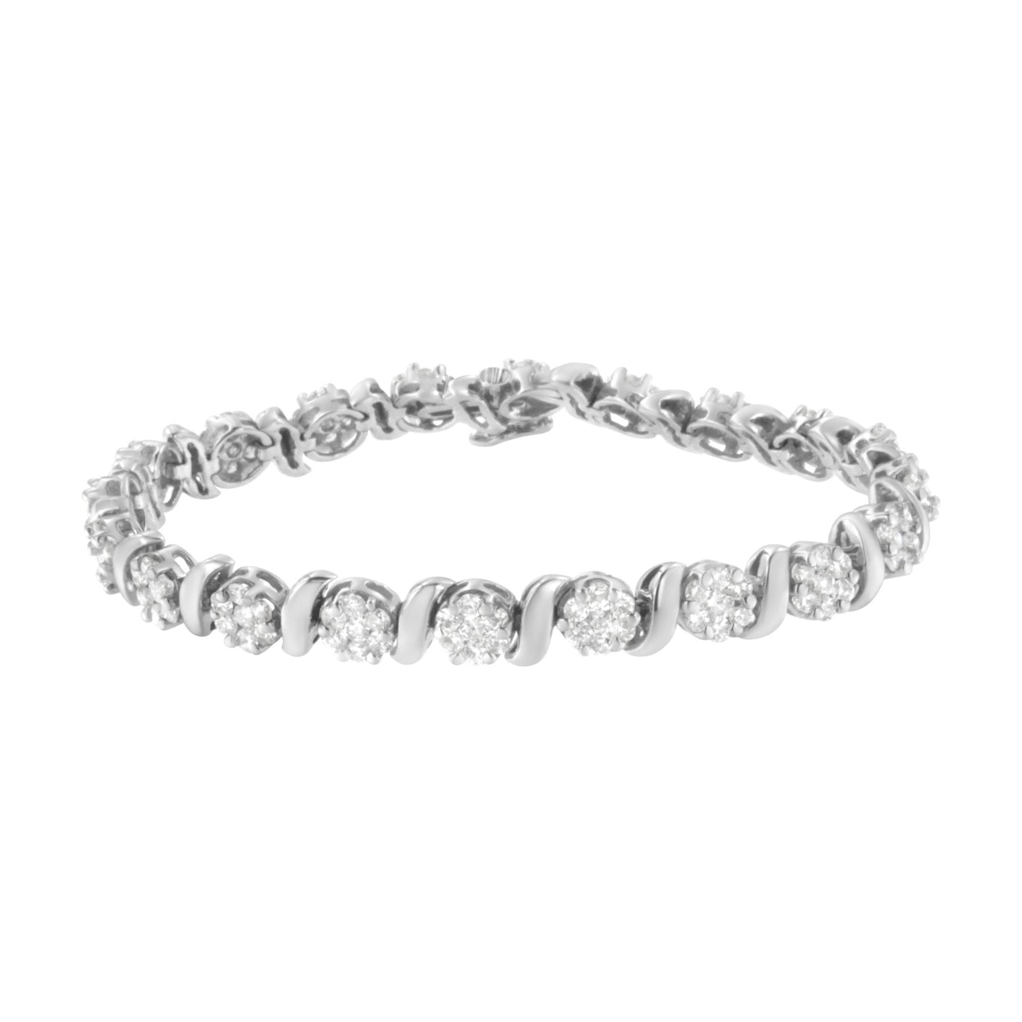 14K White Gold 5 1/4 cttw Diamond S-Link Floral Cluster Tennis Bracelet (I-J Clarity, SI2-I1 Color) - Size 7"