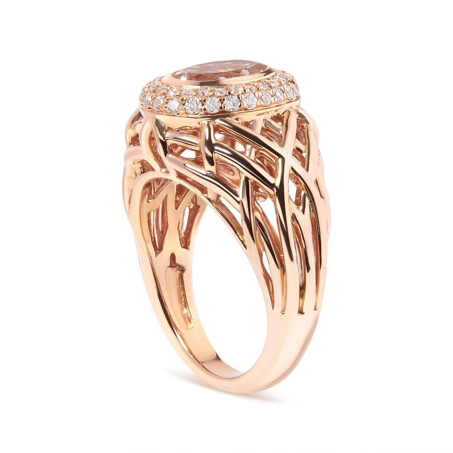 14K Rose Gold Oval Cut Light Pink Morganite and 3/8 Cttw Diamonds Halo and Basket Weave Cocktail Ring (G-H Color, SI1-SI2 Clarity) - Size 7