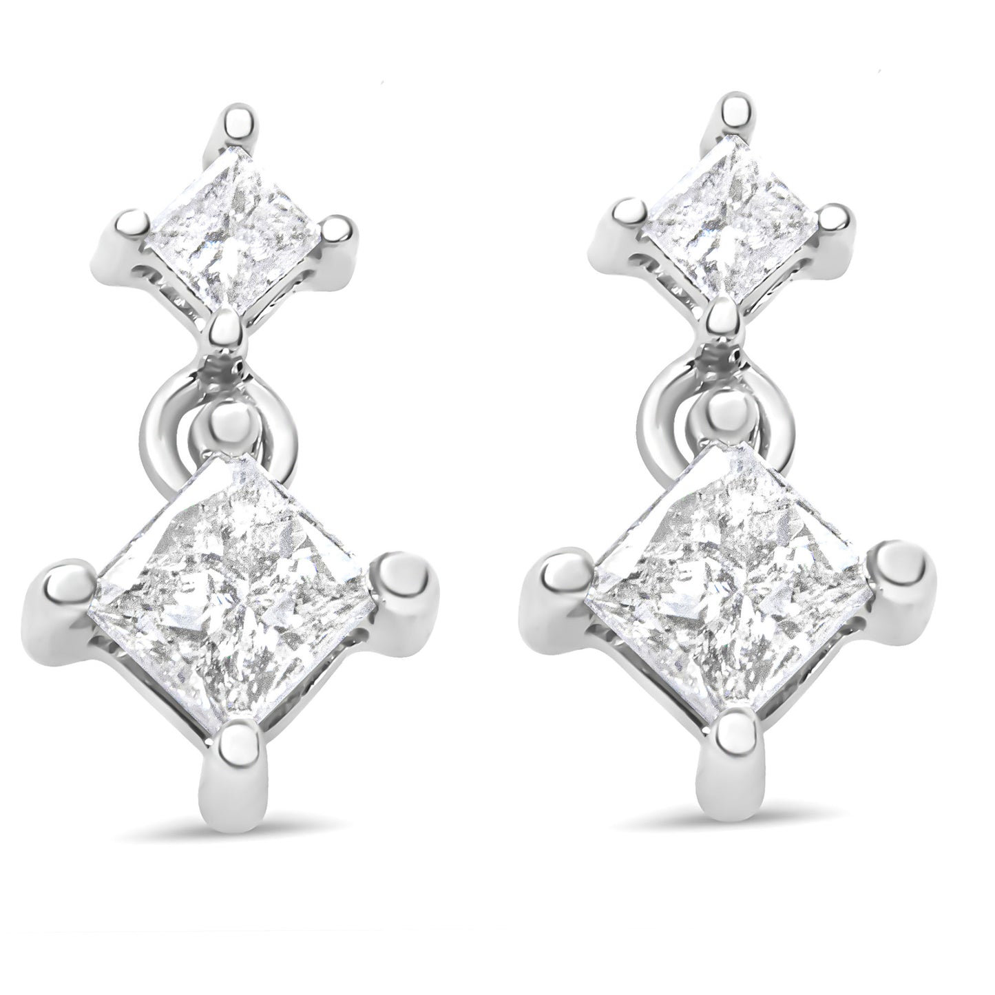 14K White Gold 1.0 Cttw Princess-Cut Double Diamond Drop Stud Earrings for Women (H-I Color, I1-I2 Clarity)